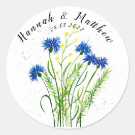 Blauwe kornbloemen waterverf  bruiloft ronde sticker