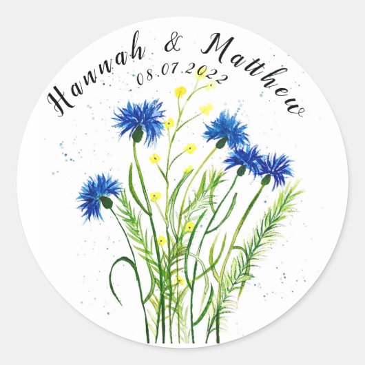 Blauwe kornbloemen waterverf  bruiloft ronde sticker (Voorkant)