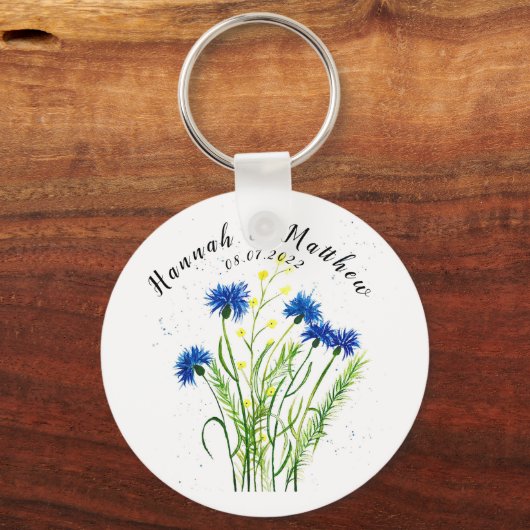 Blauwe kornbloemen waterverf  bruiloft sleutelhanger (Voorkant)