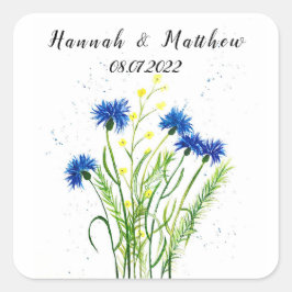 Blauwe kornbloemen waterverf  bruiloft vierkante sticker
