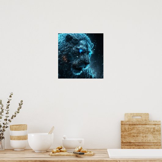Blauwe kosmische gloed leeuw poster (Keuken)