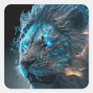 Blauwe kosmische gloed vuurleeuw vierkante sticker