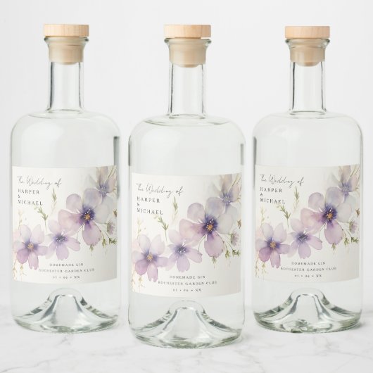 Blauwe kosmos bloemen gepersonaliseerde bruiloft likeurfles etiket (Flessen)