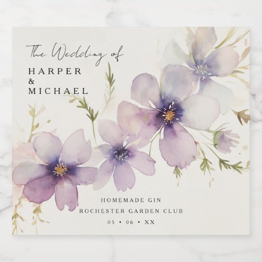 Blauwe kosmos bloemen gepersonaliseerde bruiloft likeurfles etiket (Enkel label)