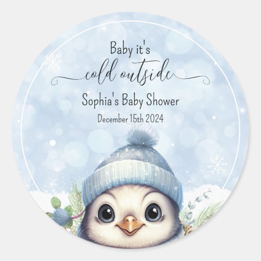 Blauwe Koude Buiten Pinguïn Winter Baby shower Ronde Sticker (Voorkant)