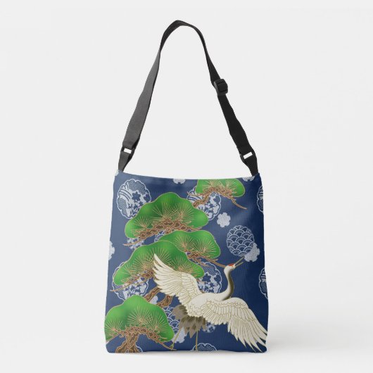 Blauwe kraan Kimono patroon geïnspireerd Japanse s Crossbody Tas (Achterkant)