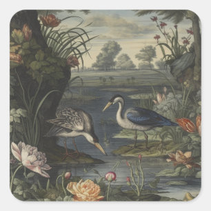Blauwe Kraanvogel Antieke Botanische Trouwgunst Vierkante Sticker