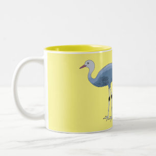 Blauwe kraanvogel cartoon tweekleurige koffiemok