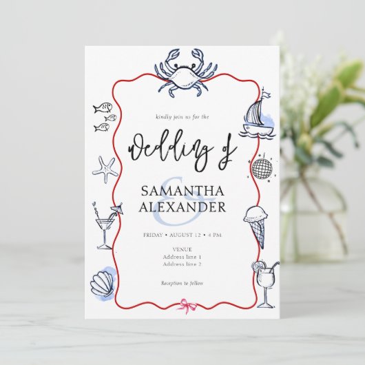 Blauwe Krab Doodle Strand QR Code RSVP Informele B Kaart (Staand voorkant)