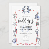 Blauwe Krab Doodle Strand QR Code RSVP Informele B Kaart (Voorkant / Achterkant)