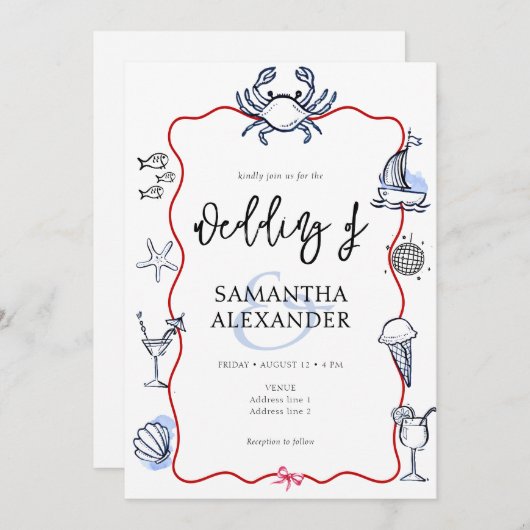 Blauwe Krab Doodle Strand QR Code RSVP Informele B Kaart (Voorkant / Achterkant)