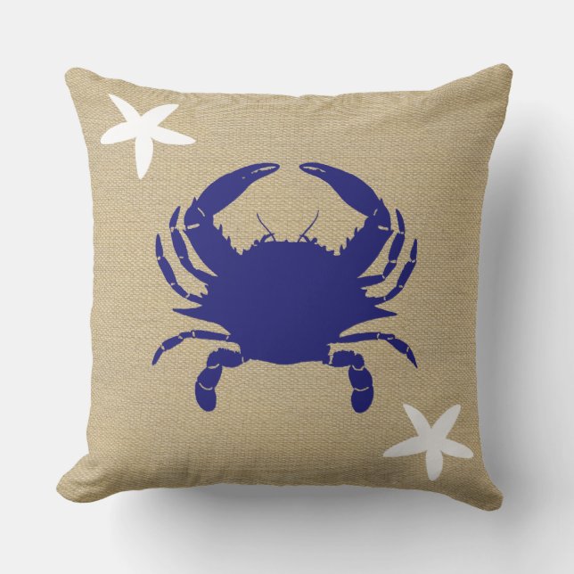 Blauwe krab en witte staarvis Beach Faux Burlap Buitenkussen (Voorkant)