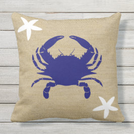 Blauwe krab en witte staarvis Beach Faux Burlap Buitenkussen