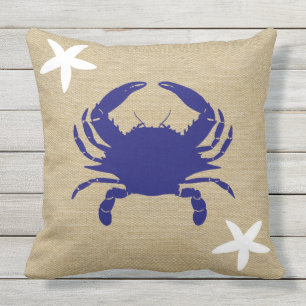 Blauwe krab en witte staarvis Beach Faux Burlap Buitenkussen