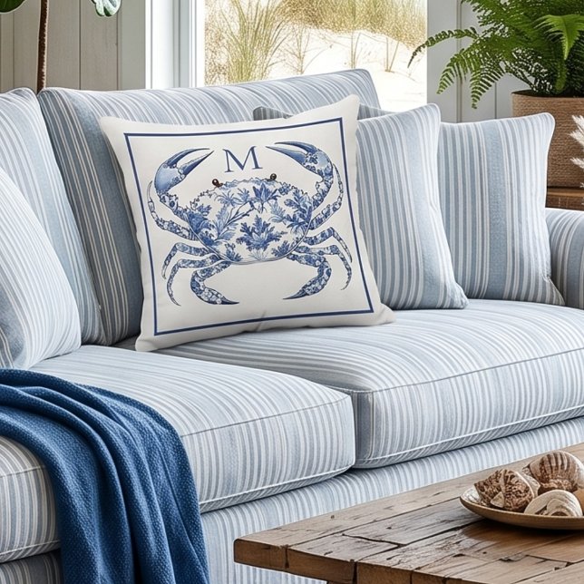 Blauwe Krab Kust Nautilus Monogram Kussen (Creator heeft geüpload)