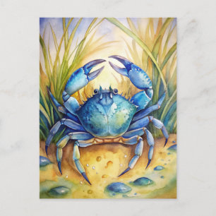 Blauwe Krab Kuststrand Oceaan Levensschildering Briefkaart