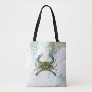 Blauwe krab met Chesapeake Bay nautische kaart Tote Bag