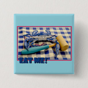 Blauwe Krab met hamer op gingham tafelkleed zeggen Vierkante Button 5,1 Cm