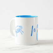 blauwe krab - monogram tweekleurige koffiemok (Voorkant links)