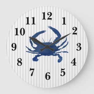 Blauwe krab Nautical Stripe Large Clock Grote Klok