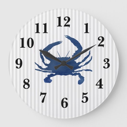 Blauwe krab Nautical Stripe Large Clock Grote Klok (Voorkant)