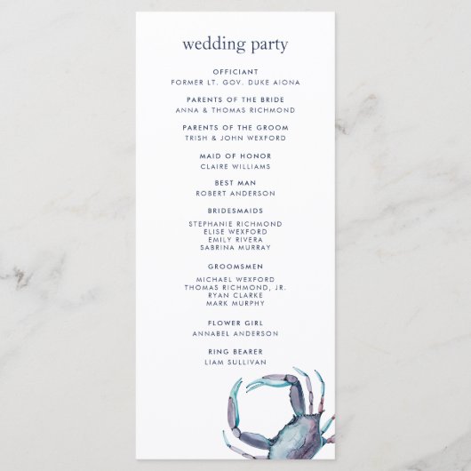 Blauwe krab | Nautische huwelijksceremonie program Programmakaart (Achterkant)