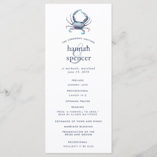 Blauwe krab | Nautische huwelijksceremonie program Programmakaart (Voorkant)