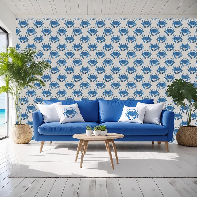 Blauwe krab nautische strand behang (Blue crab wallpaper. Perfect for ocean beach house and nautical crustacean themed interiors.)