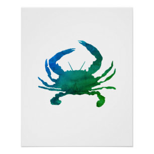 Blauwe Krab Nautische Waterverftekenkunst Perfect Poster