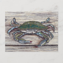 Blauwe krab op dok briefkaart