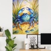 Blauwe krab op het strand poster (Thuiskantoor)