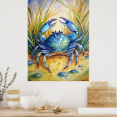 Blauwe krab op het strand poster (Keuken)