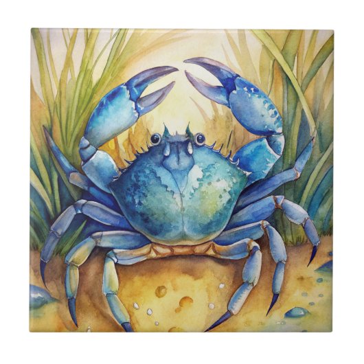 Blauwe krab op het strand tegeltje (Voorkant)