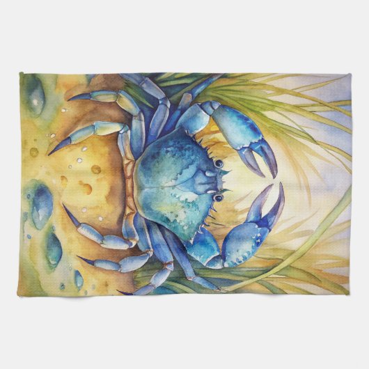 Blauwe krab op het strand theedoek (Horizontaal)