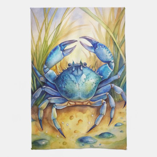 Blauwe krab op het strand theedoek (Verticaal)