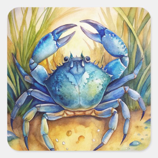 Blauwe krab op het strand vierkante sticker (Voorkant)
