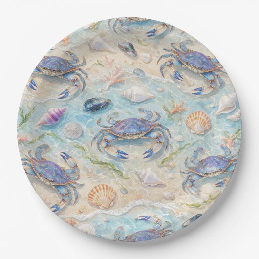 Blauwe Krab & Schelp Papieren Bordje (Voorkant)