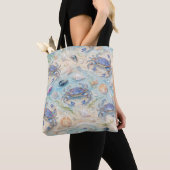 Blauwe Krab & Schelpen Strand Tote Bag (Dichtbij)