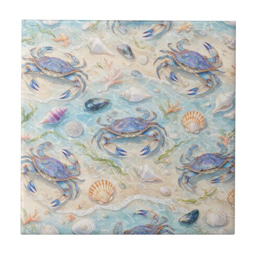 Blauwe Krab & Schelpen Tegeltje (Voorkant)