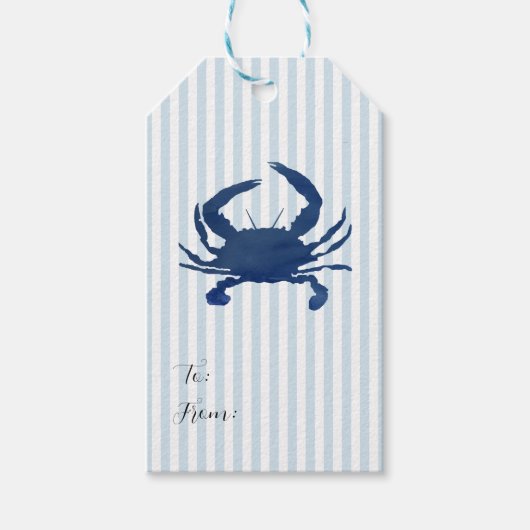 Blauwe Krab schilderij Nautisch Blauwe Streep Kust Cadeaulabel (Voorkant)