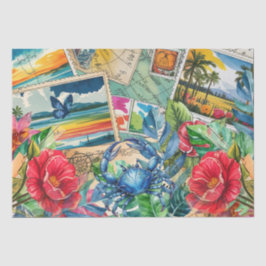 Blauwe Krab Tropische Bloemen & Vlinder Decoupage Tissuepapier