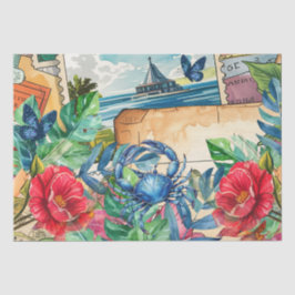 Blauwe Krab Tropische Bloemen & Vlinders Tissuepapier