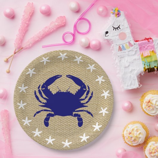Blauwe krab & witte Starfish Nautical Beach "Burla Papieren Bordje (Feest)