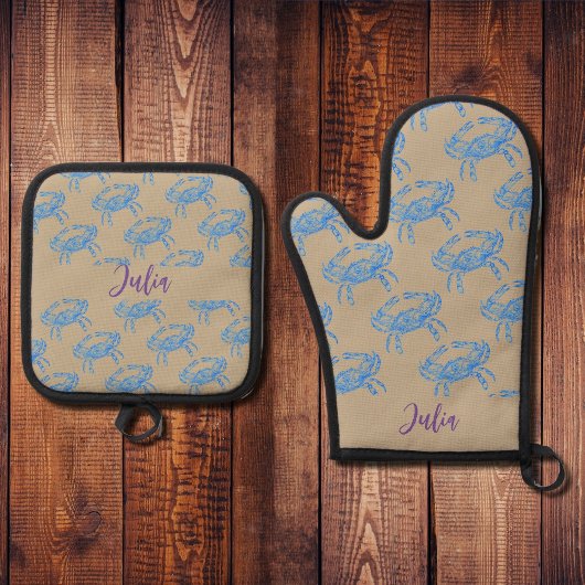 Blauwe krabben- Naam toevoegen Oven Mitt & Pot Hol Ovenwant & Pannenlap Set