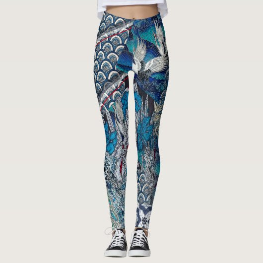 Blauwe kranen die over de vloer vliegen leggings (Voorkant)