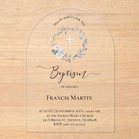 blauwe krans Doop Acryl Uitnodigingen (Voorkant)