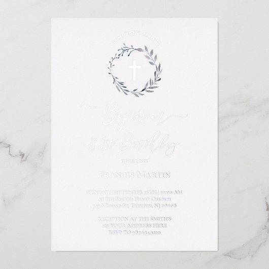 blauwe krans Doop en eerste verjaardag Folie Uitnodiging (Voorkant)