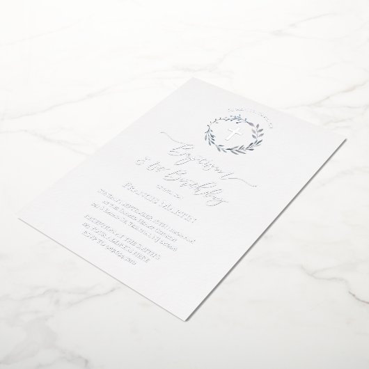 blauwe krans Doop en eerste verjaardag Folie Uitnodiging (Gedraaid)