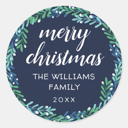 Blauwe krans Vrolijk Kerstfeest Ronde Sticker (Voorkant)