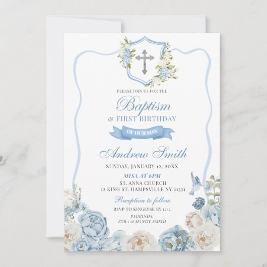 Blauwe Kreeft en Bloemen Doop & Eerste Verjaardag Kaart (Voorkant)